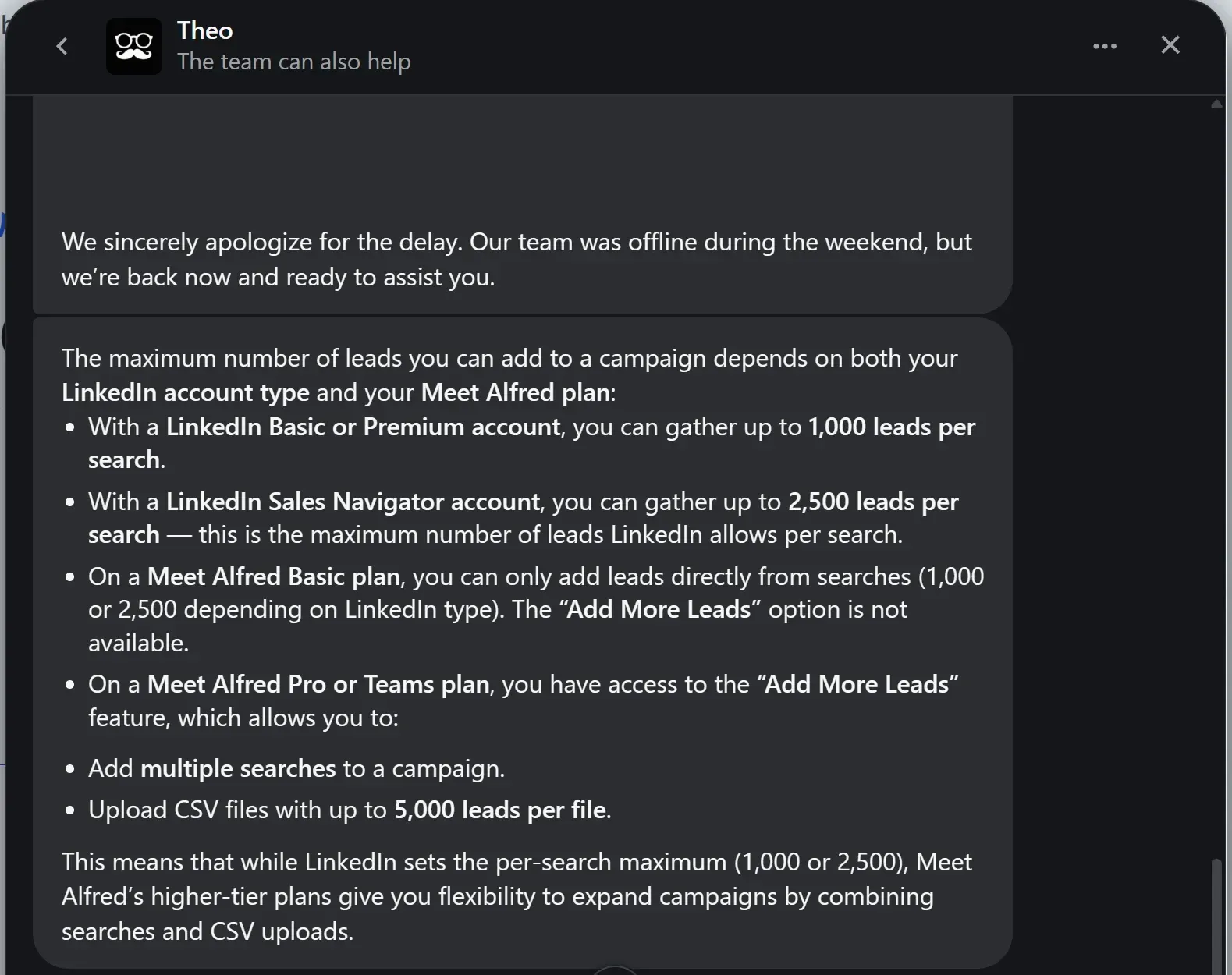 Meet Alfred support chat saying the team was offline during the weekend and explaining how many leads a campaign can hold