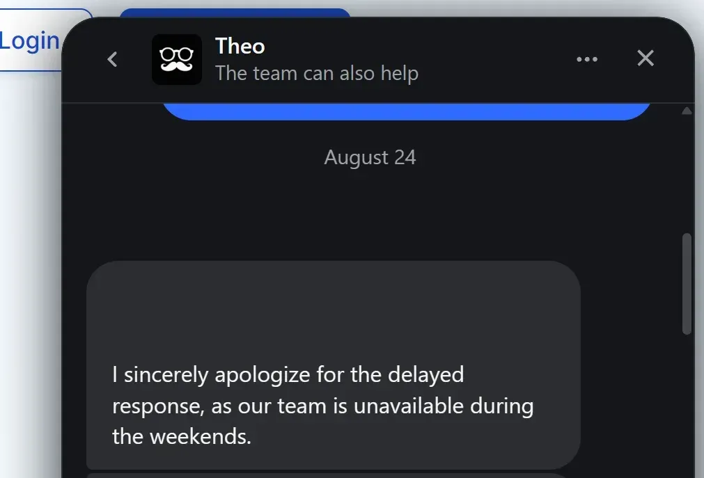 Meet Alfred support chat apologizing for the delay because the team is unavailable during the weekends