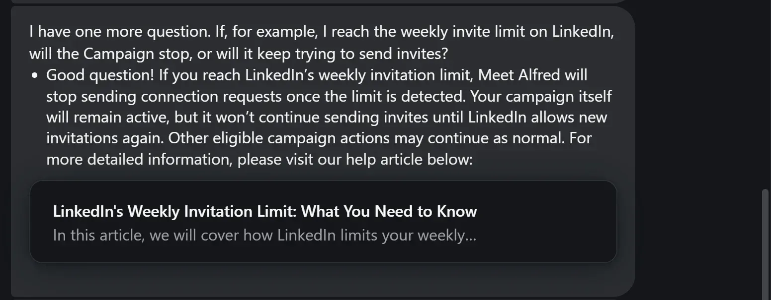 Meet Alfred support chat saying the campaign stays active but stops sending invites once LinkedIn's weekly limit is detected