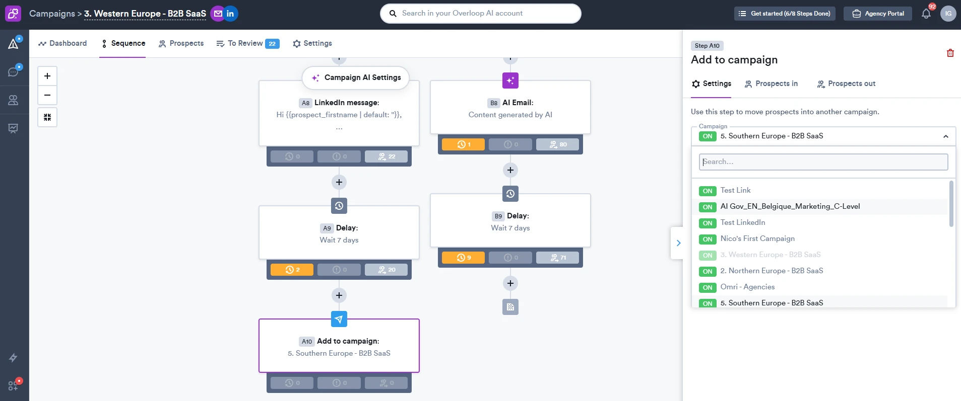 Overloop AI sequence builder for a "Western Europe - B2B SaaS" campaign, showing LinkedIn message, AI Email, 7-day Delay and Add to campaign steps on a branching canvas, with the Add to campaign step's settings panel open on a campaign picker