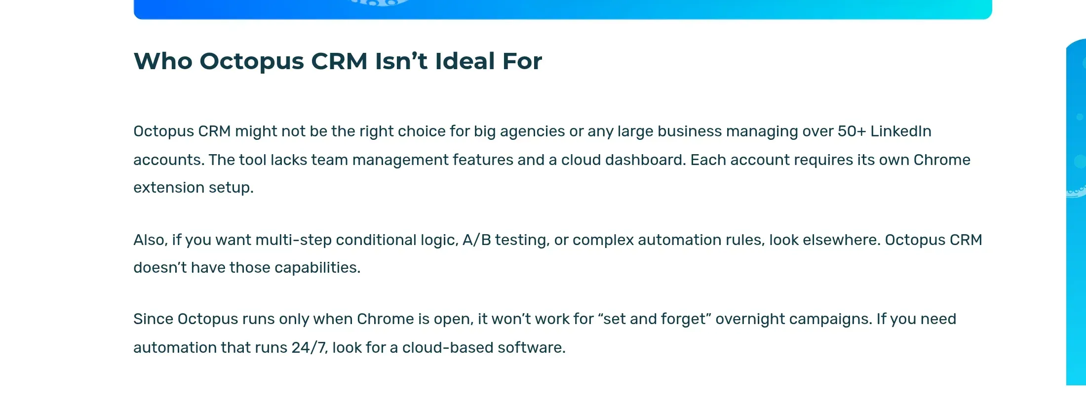Blog de Octopus CRM que afirma que quizá no sea la opción adecuada para agencias grandes porque carece de funciones de gestión de equipos y de un panel en la nube