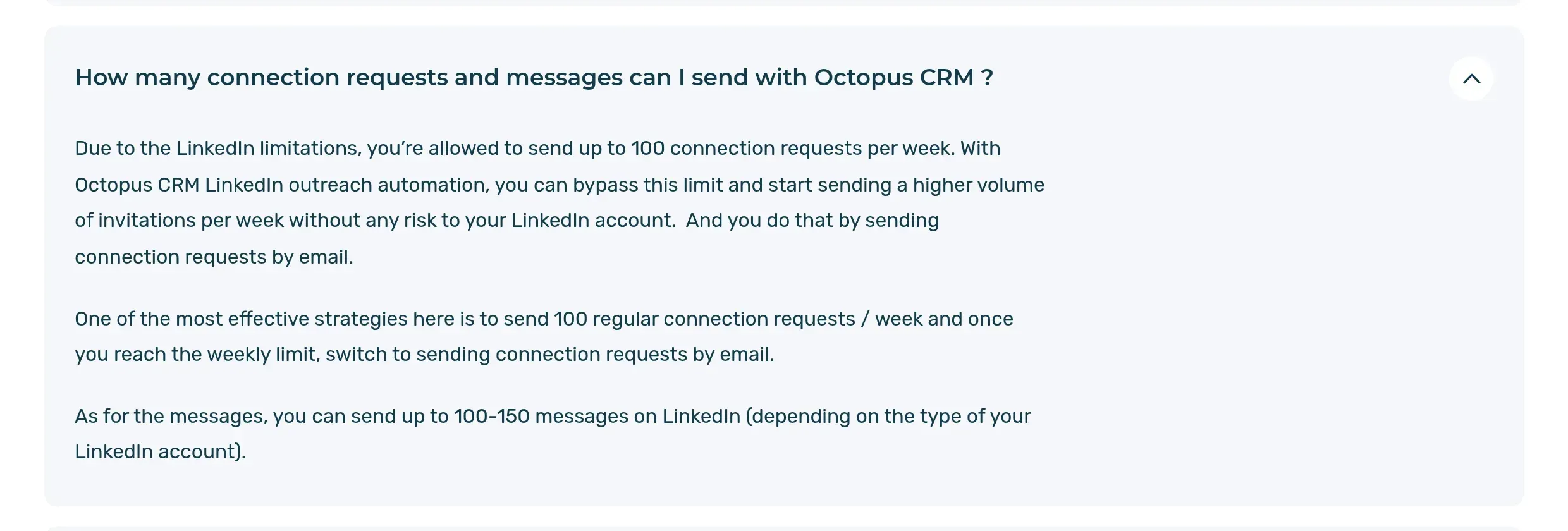 Preguntas frecuentes de la página de inicio de Octopus CRM que afirman que puede eludir el límite semanal de solicitudes de conexión sin ningún riesgo para su cuenta de LinkedIn