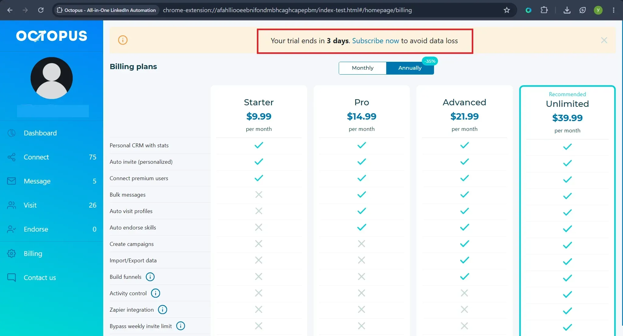 Página de facturación de Octopus CRM dentro de la aplicación que muestra «Bypass weekly invite limit» y «Activity control» únicamente en el plan Unlimited