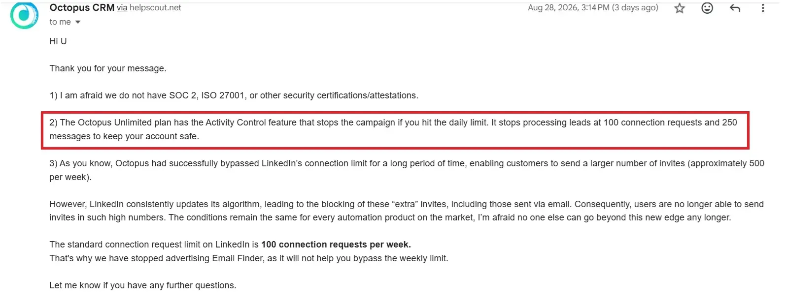 Correo electrónico del equipo de soporte de Octopus CRM que afirma que LinkedIn bloqueó las solicitudes de conexión adicionales y que «Email Finder» ya no se anuncia como forma de eludir el límite semanal