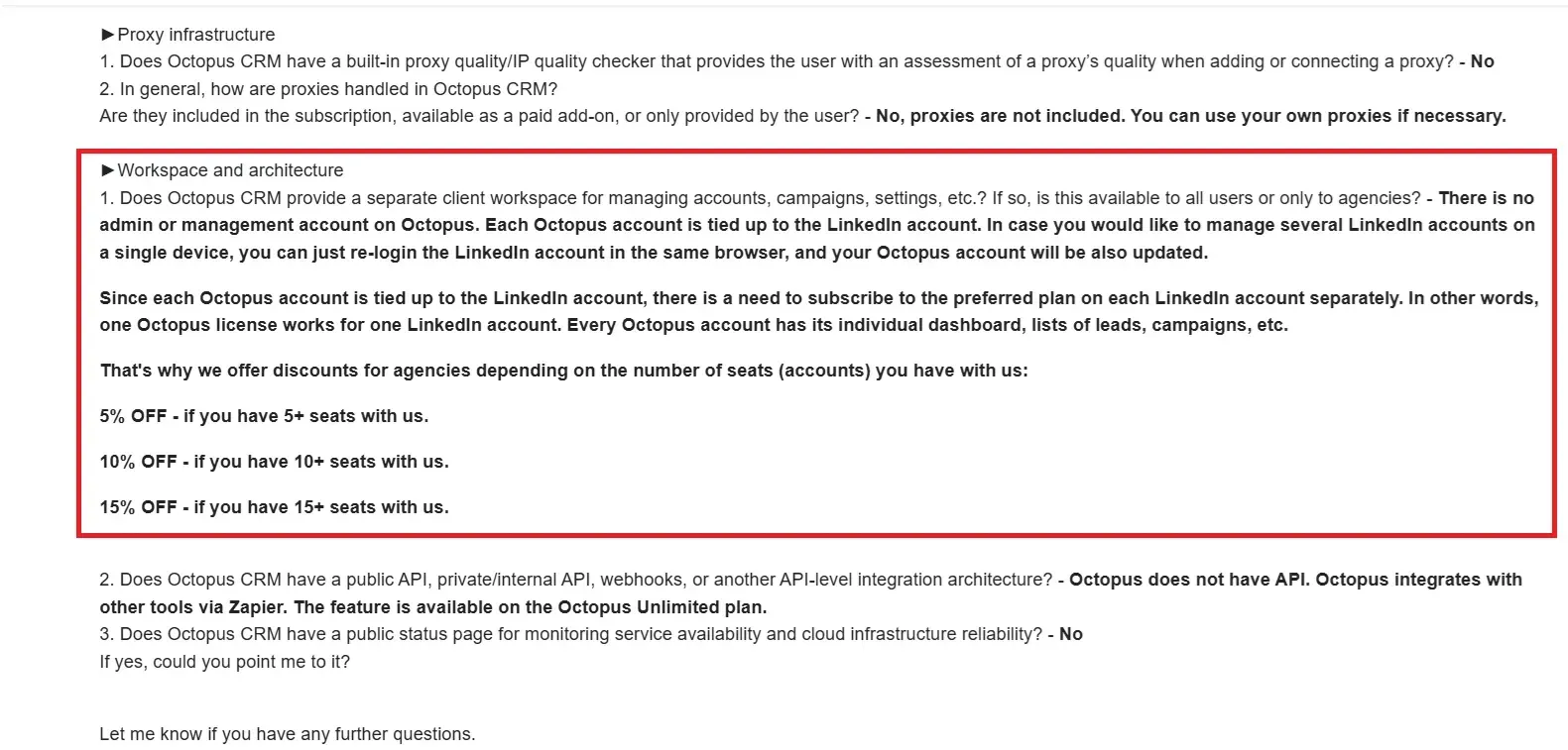 Respuesta del equipo de soporte de Octopus CRM que indica que no ofrece una cuenta central de administración y que cada cuenta de Octopus está vinculada a una cuenta de LinkedIn