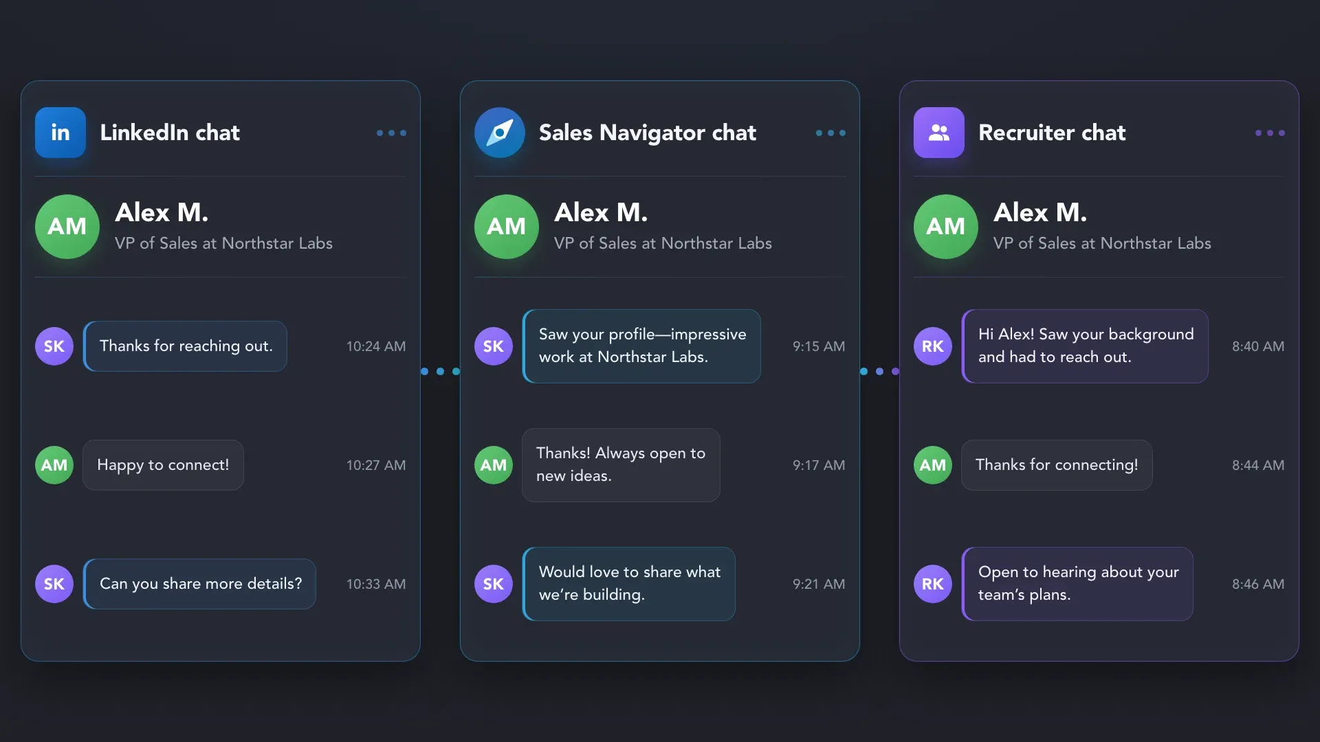 Linked Helper view showing separate conversations with one lead in LinkedIn, Sales Navigator, and Recruiter.