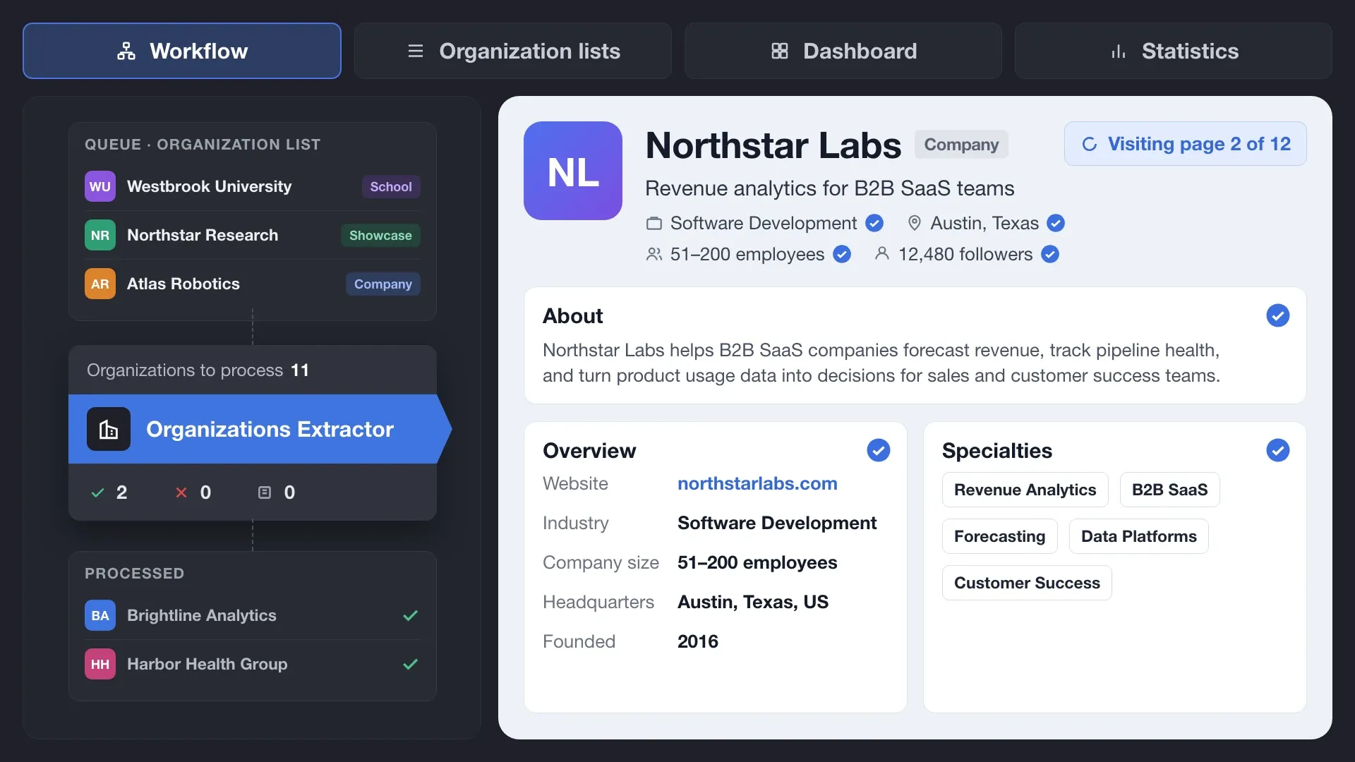 Organizations extractor visiting a LinkedIn company page and collecting industry, company size, headquarters, website, and specialties