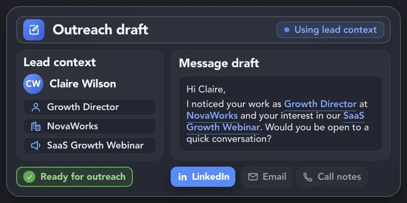 Exported lead role, company, and campaign context used to personalize LinkedIn messages, emails, and call notes.