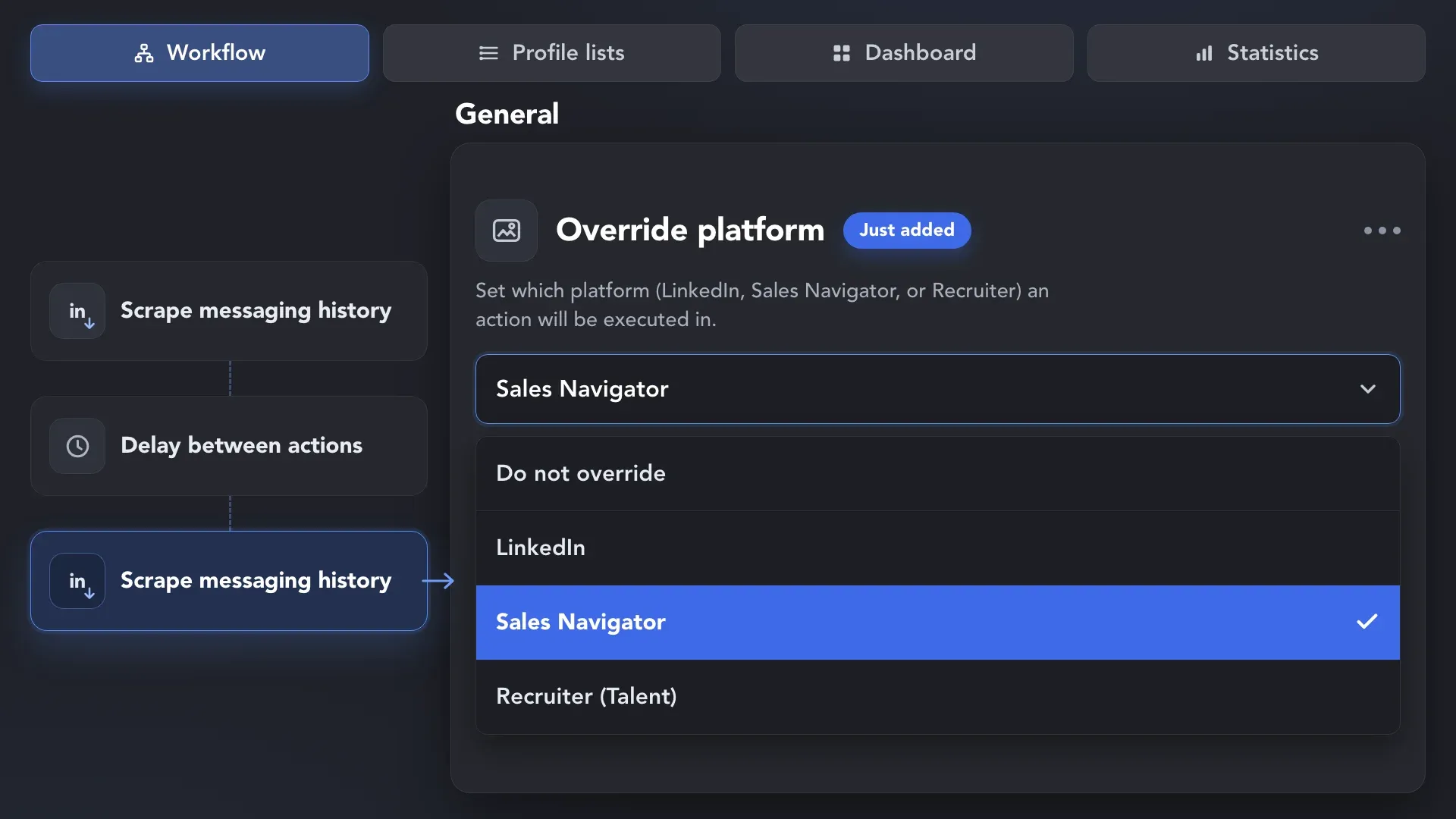 Workflow with multiple Scrape Messaging History actions and a delay between them, plus an Override platform setting set to Sales Navigator to collect conversations from additional LinkedIn inboxes.