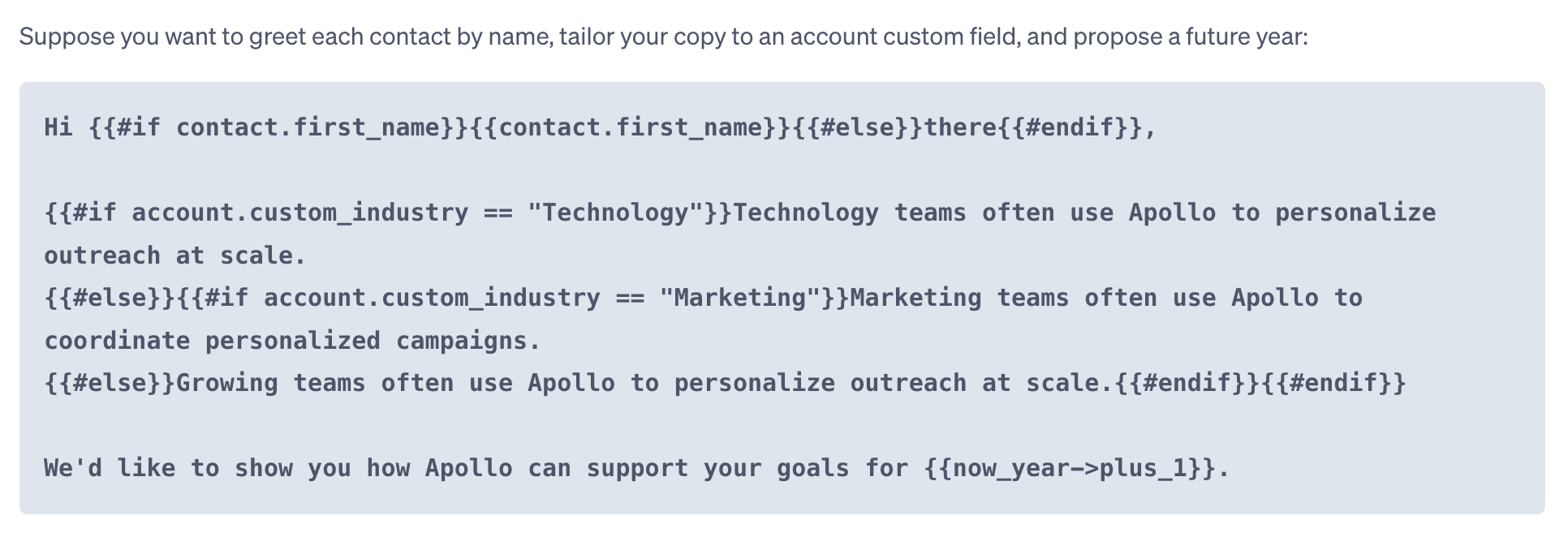 Apollo.io personalization template with conditional contact and account fields