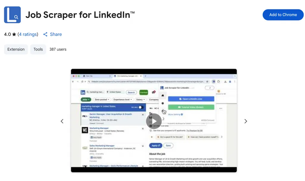 extensão para recolher descrições de ofertas de emprego no LinkedIn