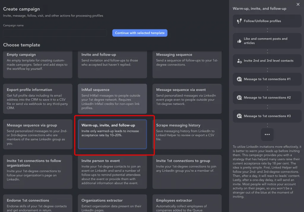 campanha do Linked Helper com scraper de anúncios de emprego no LinkedIn