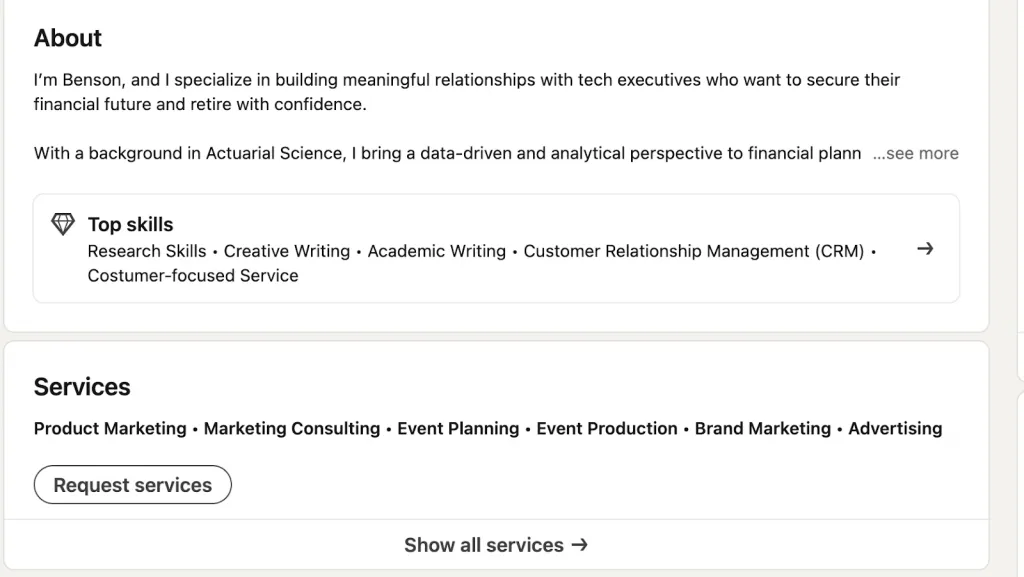 exemplo de perfil para recolher ofertas de emprego no LinkedIn