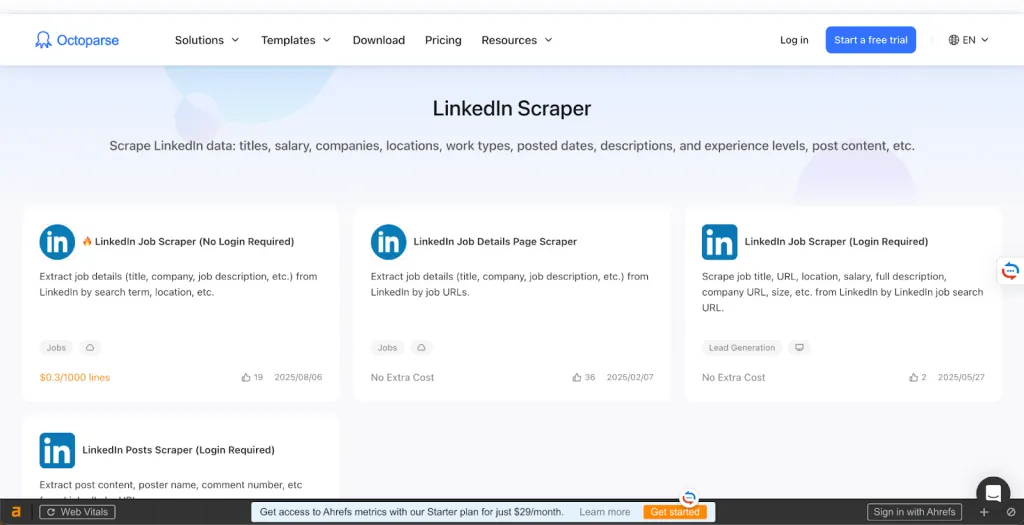 scraper Octoparse de ofertas de emprego no LinkedIn