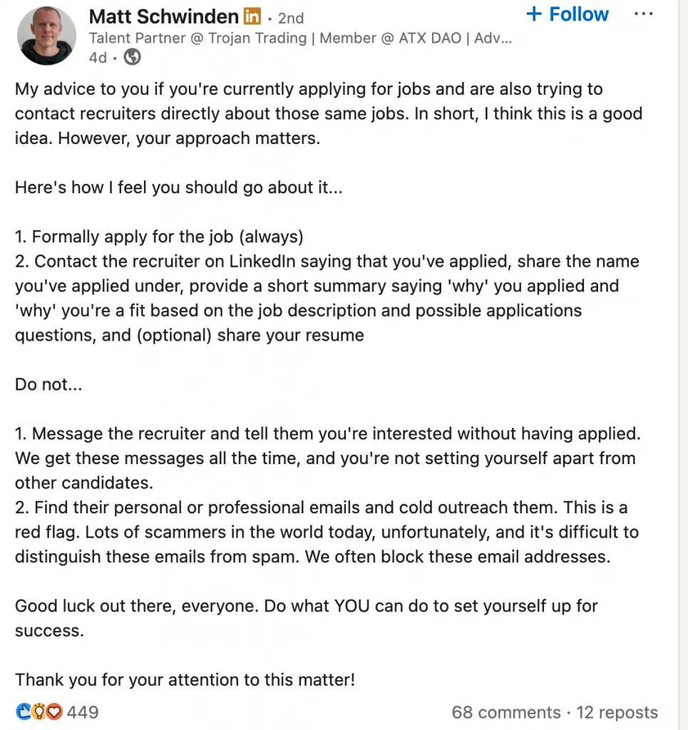 Beispielbeitrag mit Tipps für eine LinkedIn-Nachricht an Personalverantwortliche