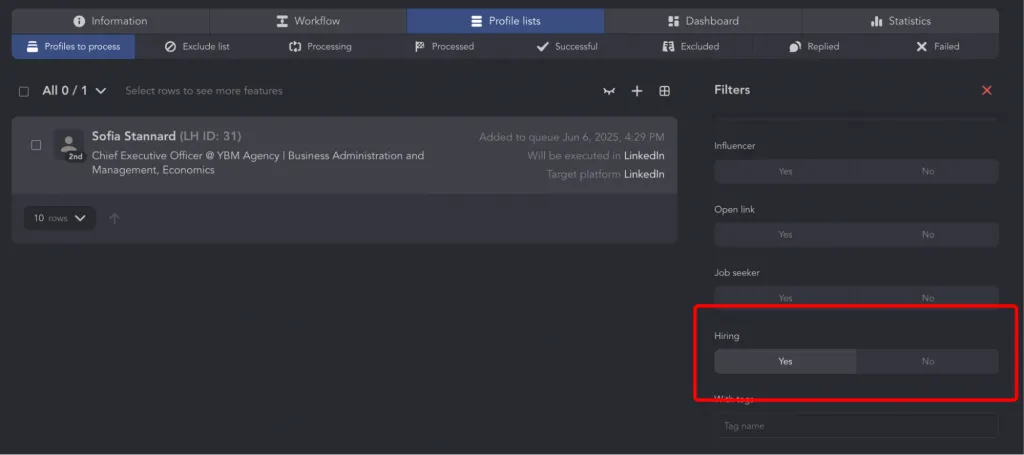 Nachricht an einen Recruiter mit Einstellungsfilter