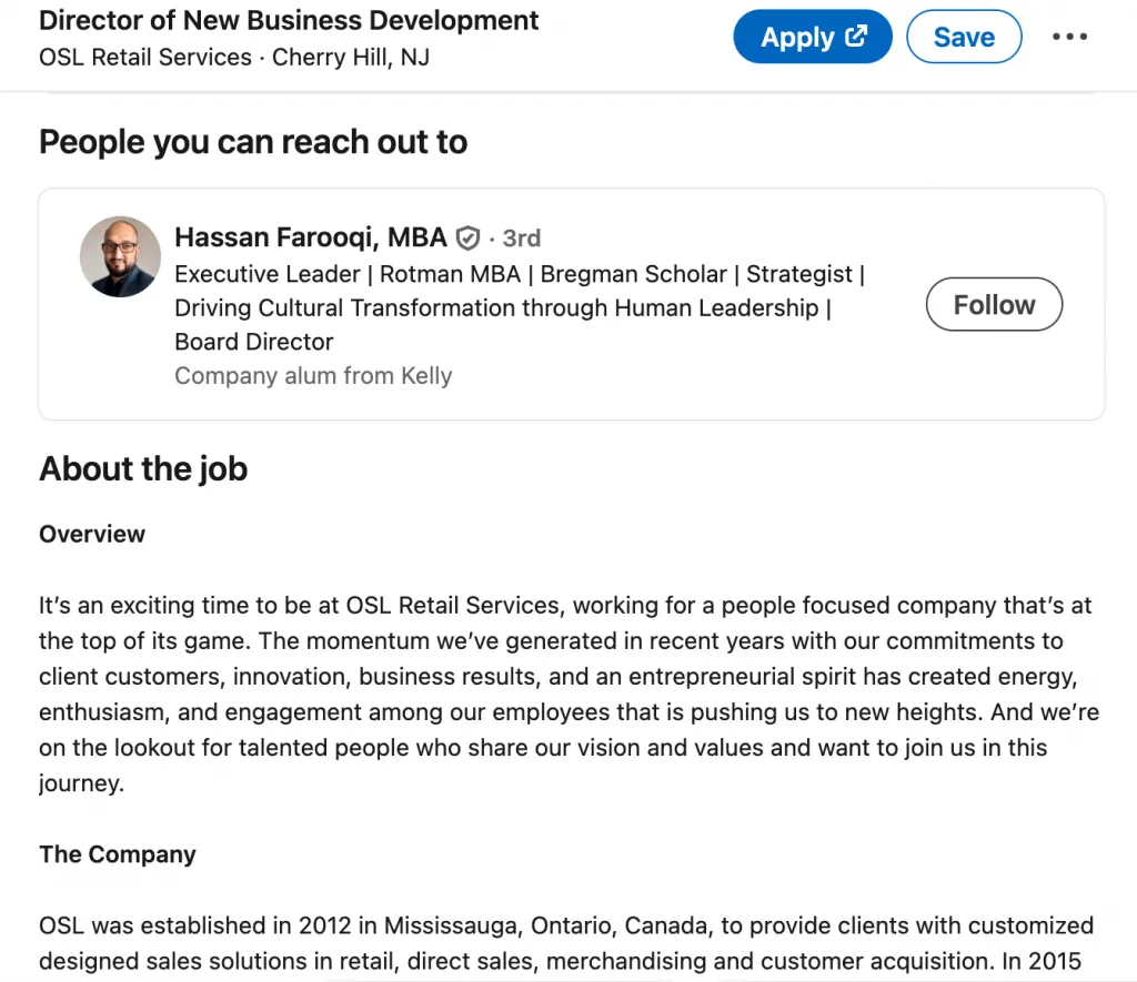 Abschnitt zu einer Stelle in einer Nachricht an einen Recruiter auf LinkedIn