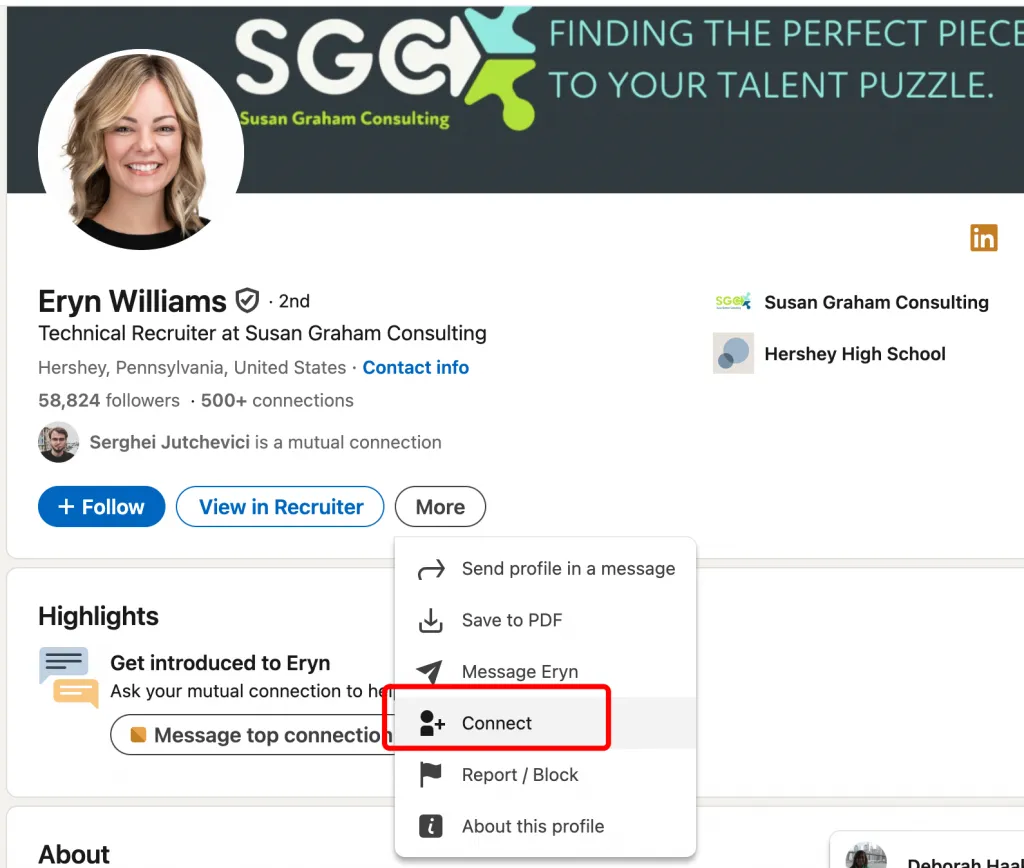 Schaltfläche für eine Kontaktanfrage in LinkedIn-Nachrichten an Recruiter
