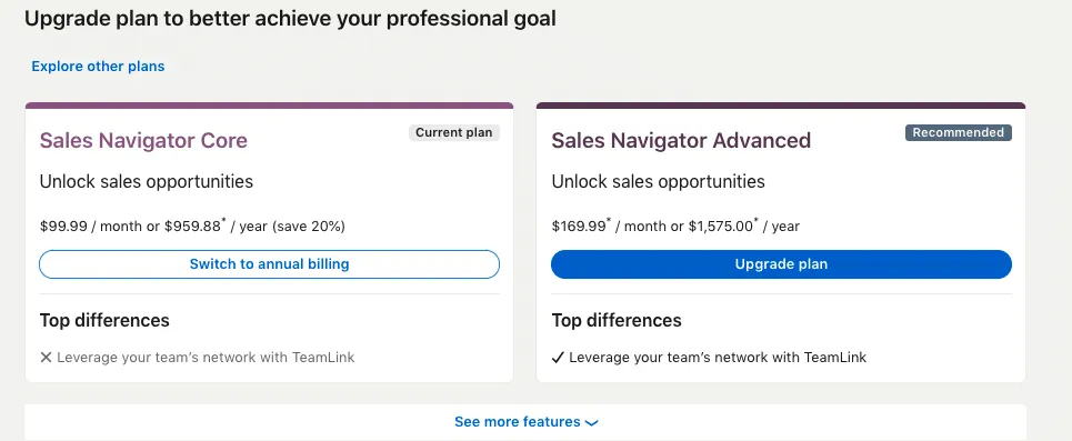 Preise für LinkedIn Sales Navigator Core und Advanced