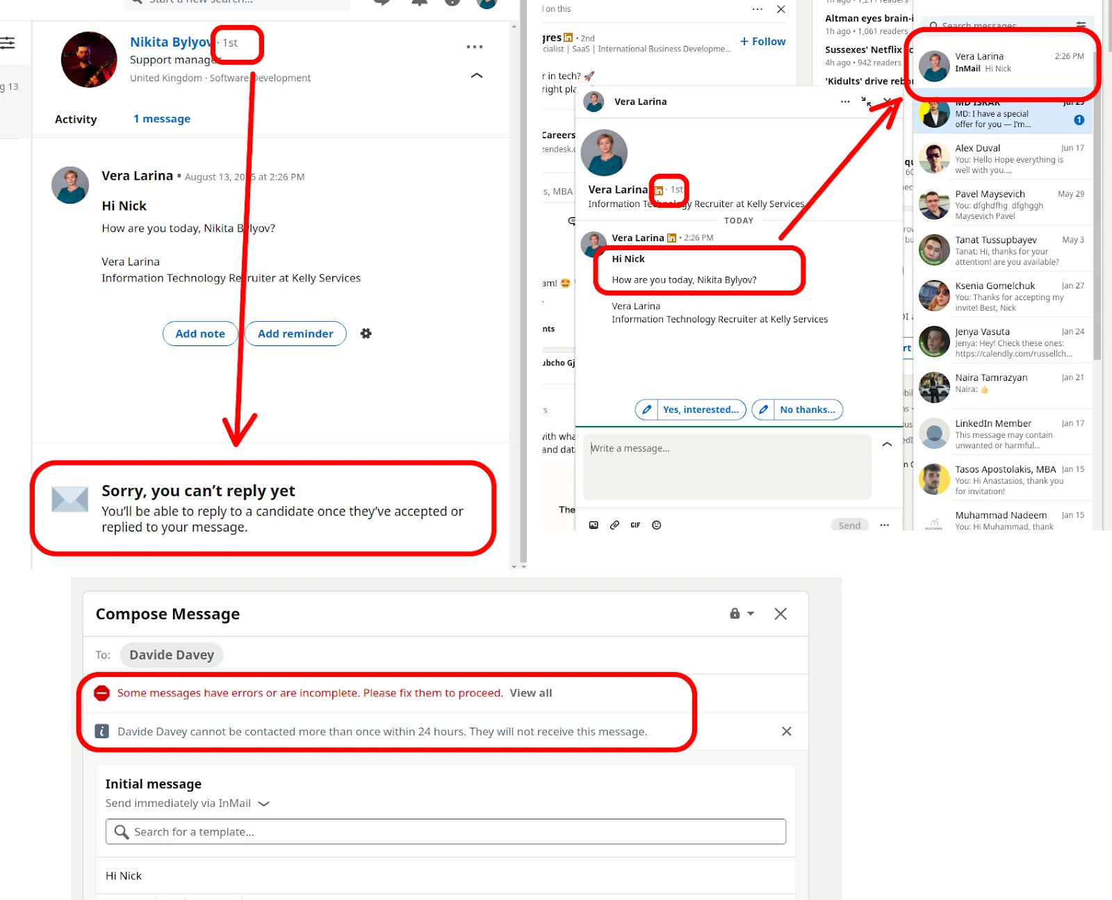 Vergleich der Posteingänge von LinkedIn Recruiter und einem regulären LinkedIn-Profil