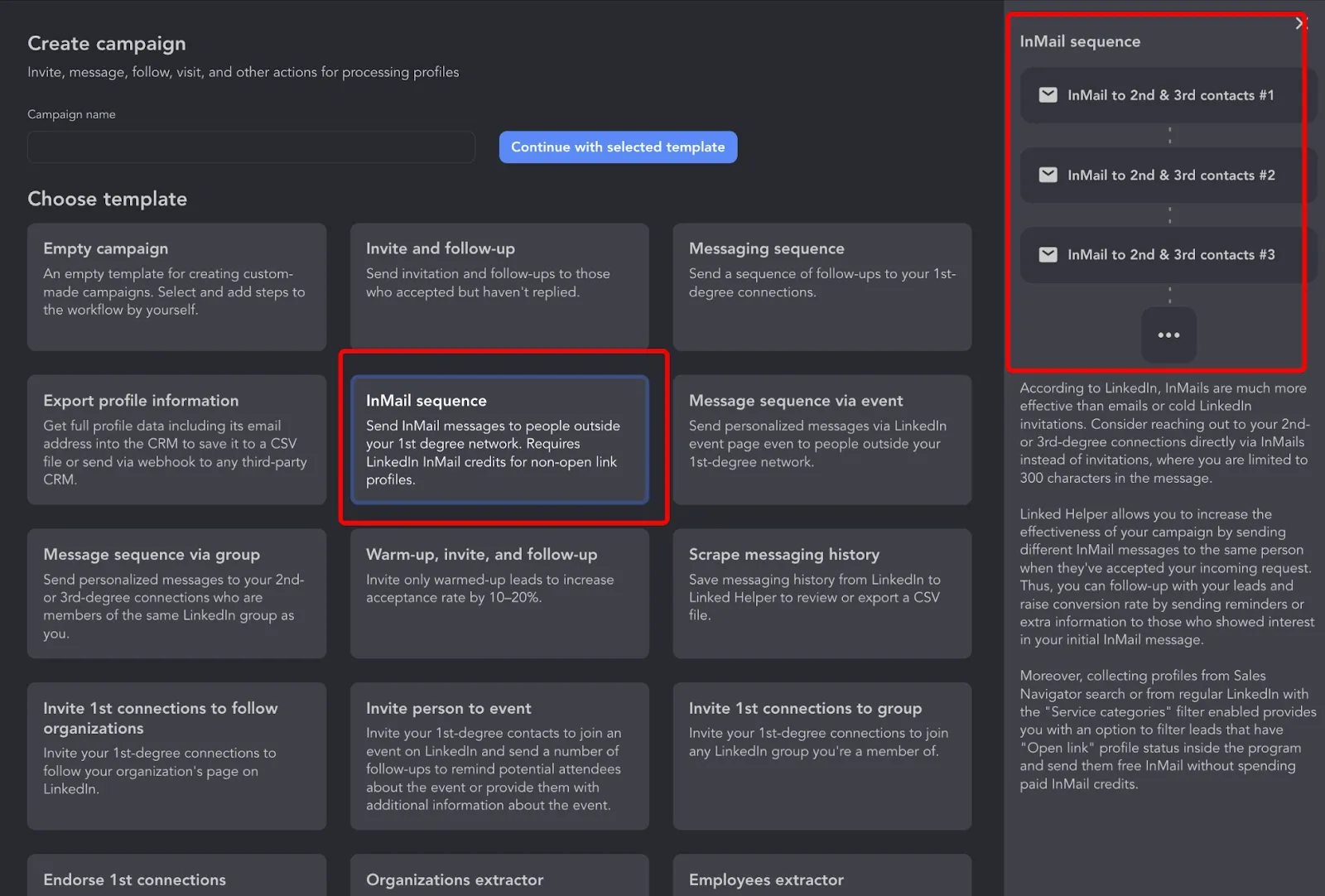InMail-Kampagne in Linked Helper als Alternative zu den Kosten von LinkedIn Recruiter Professional Services