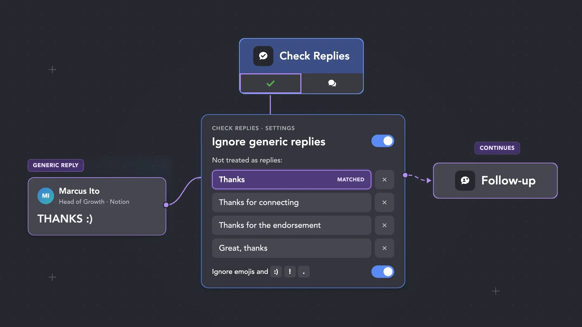 Check Replies action with Ignore generic replies settings: a “Thanks” reply matches the list and the follow-up continues