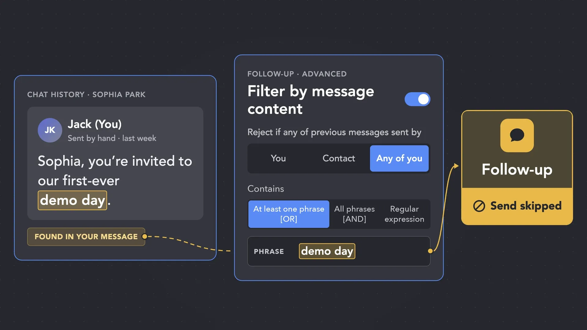 Filter by message content settings: whose messages to check, Contains options (at least one phrase, all phrases, regular expression) and a phrase found in the thread skips the follow-up