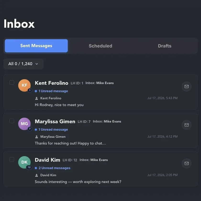 Linked Helper Unified Inbox with unread replies from several LinkedIn accounts