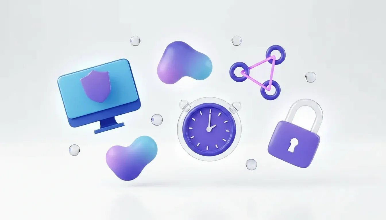 Wordless 3D illustration of safety controls protecting a desktop LinkedIn automation session