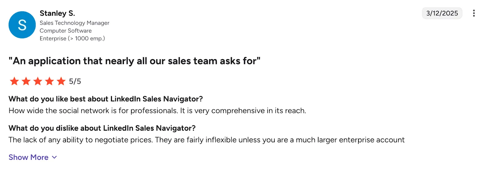 Avaliação no G2 sobre o preço do Sales Navigator