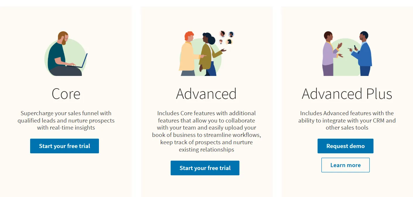 Comparação dos planos de preços do LinkedIn Sales Navigator