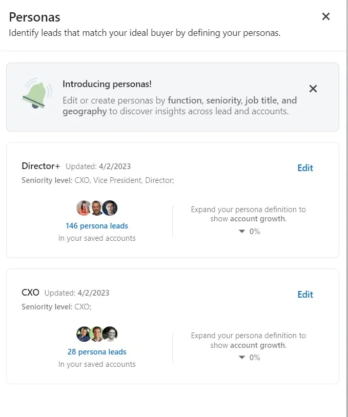 Ferramenta de personas e leads dos planos do LinkedIn Sales Navigator