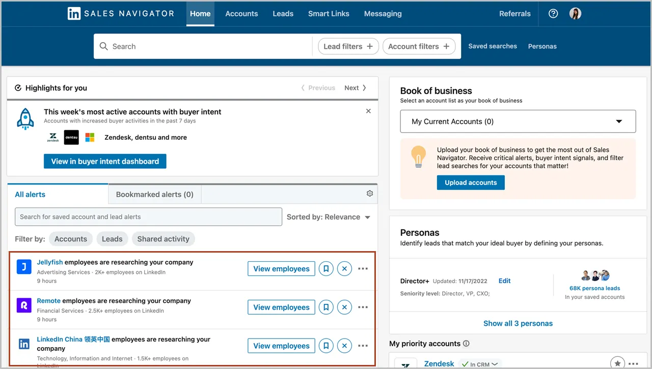 Exemplo da ferramenta de alertas e do preço do LinkedIn Sales Navigator