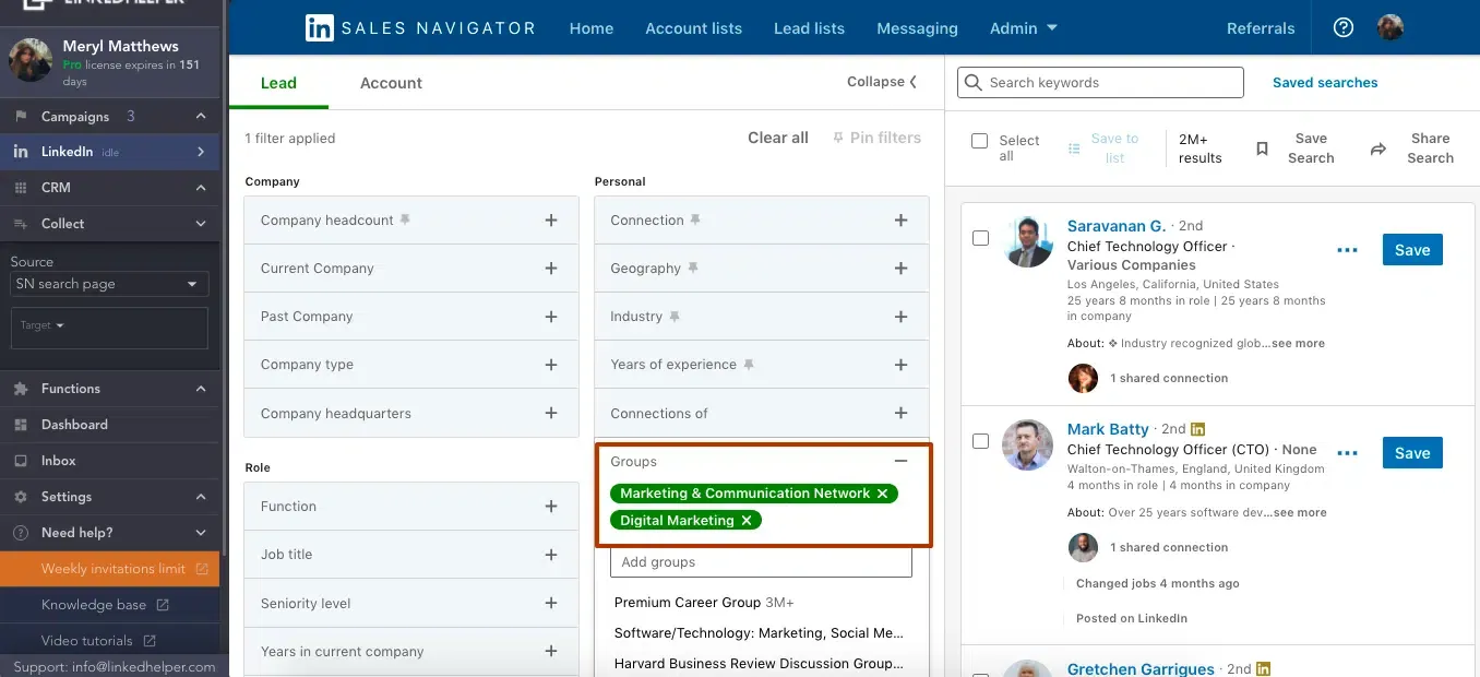 Filtro de grupos na compra do Sales Navigator