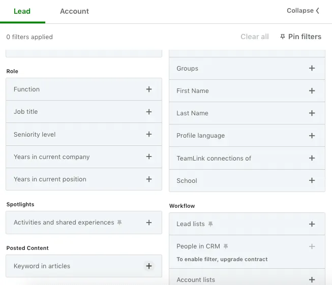 Liste der in Sales Navigator enthaltenen Filter