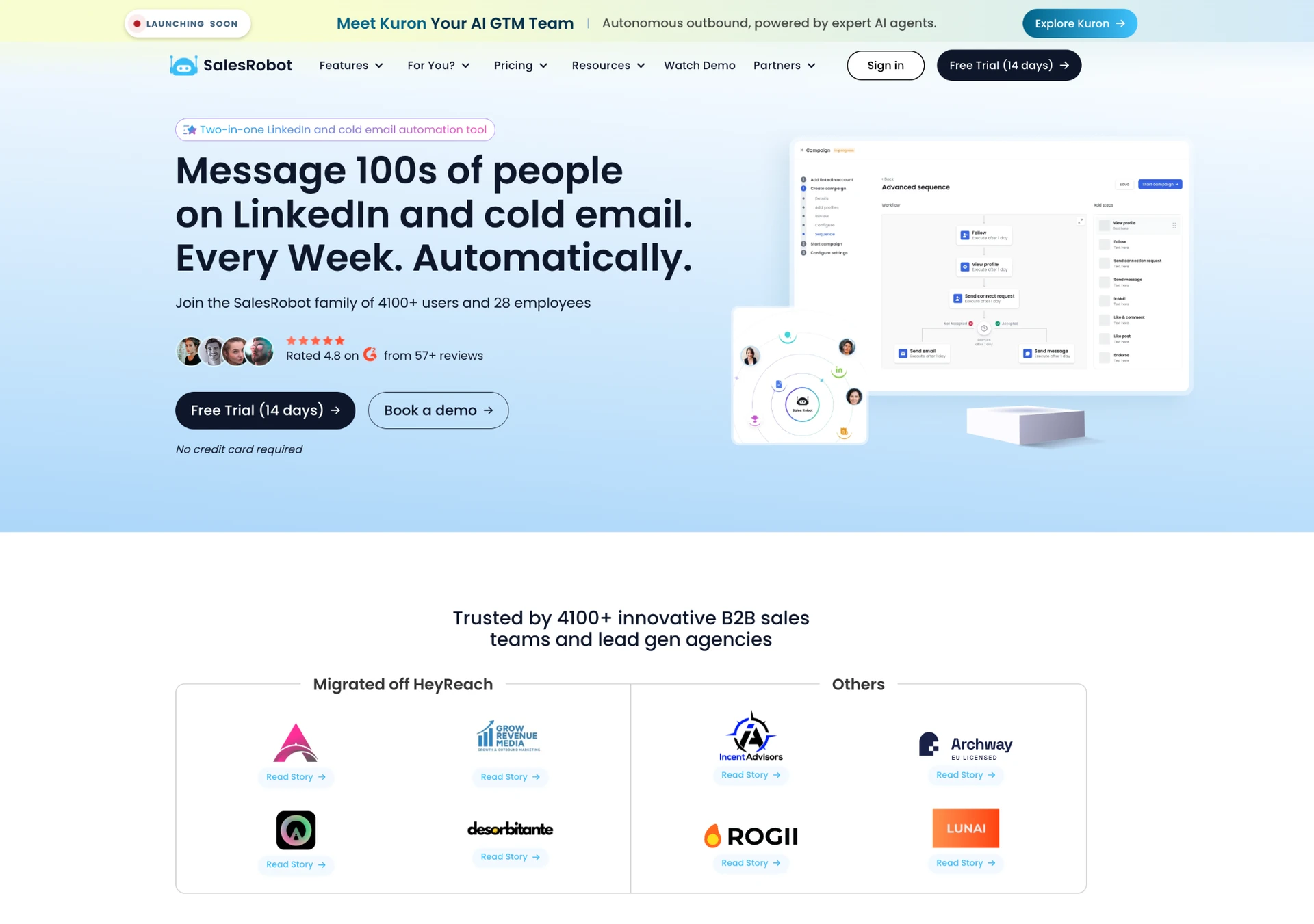 SalesRobot homepage — "Message 100s of people on LinkedIn and cold email. Every Week. Automatically." — with the 4.8 on G2 badge and a campaign sequence builder preview