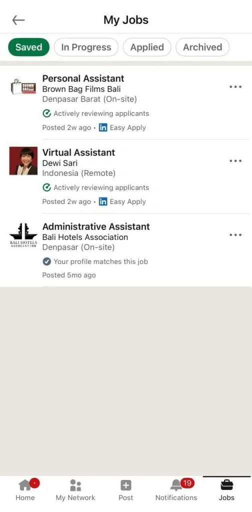 Tab „Gespeichert“ für gespeicherte Jobs auf LinkedIn