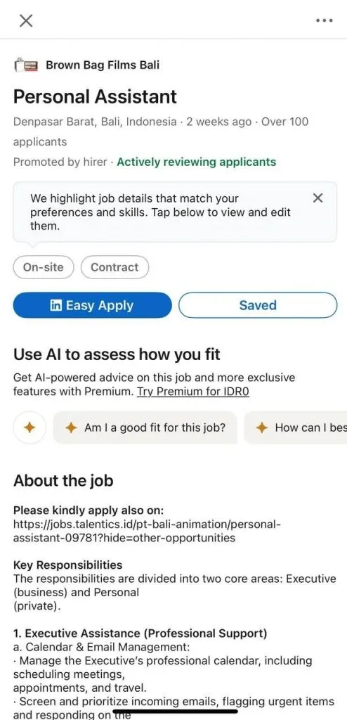 Beispiel für „Einfach bewerben“ bei gespeicherten Jobs auf LinkedIn