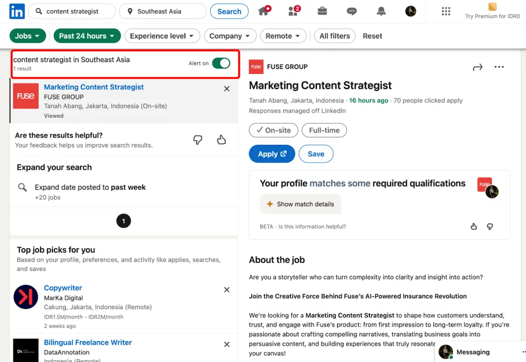 Aktivierter Schalter für Jobbenachrichtigungen auf LinkedIn