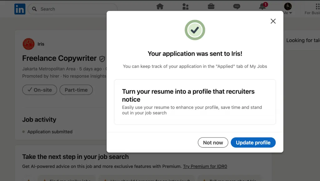 Versandte Bewerbung unter „Meine Jobs“ auf LinkedIn