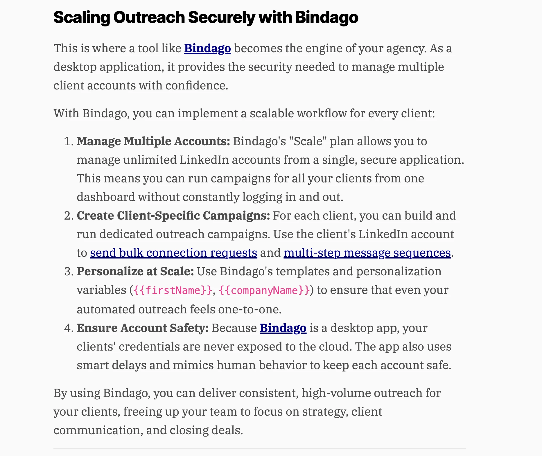 Article du blog Bindago intitulé « Scaling Outreach Securely with Bindago », présentant un processus en quatre étapes pour les agences — gérer plusieurs comptes avec l’offre Scale, créer des campagnes propres à chaque client, personnaliser à grande échelle grâce aux variables {{firstName}} et {{companyName}}, et assurer la sécurité du compte — accompagné de l’affirmation du fournisseur selon laquelle une application de bureau n’expose jamais les identifiants des clients dans le cloud