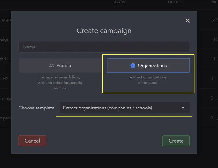 creación de una campaña de extracción de organizaciones en Linked Helper