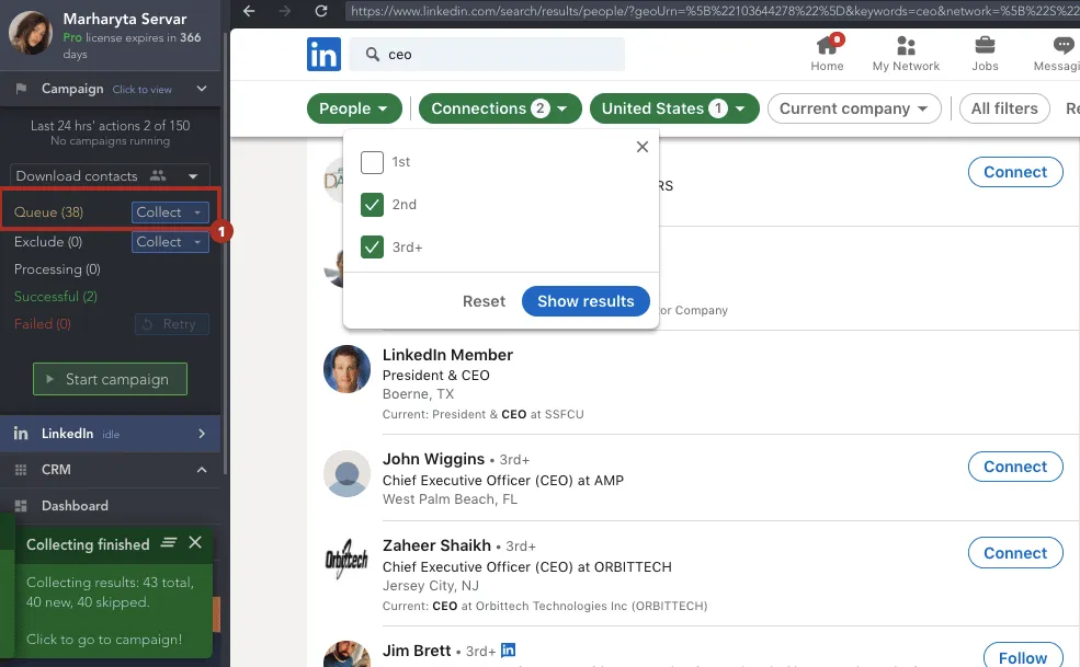 ventana de la interfaz de trabajo de Linked Helper