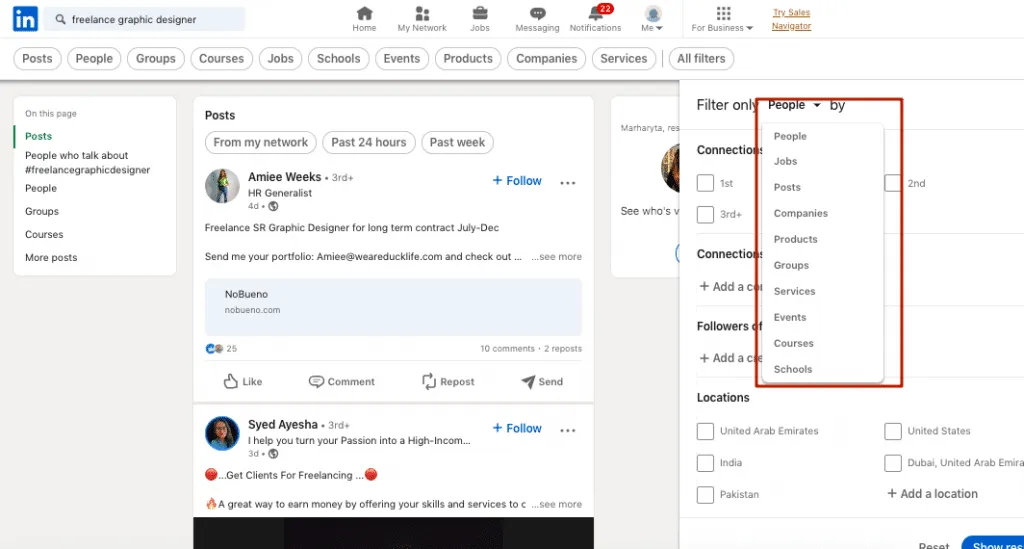 Exemple d’affichage de la barre de recherche dans la version gratuite de LinkedIn