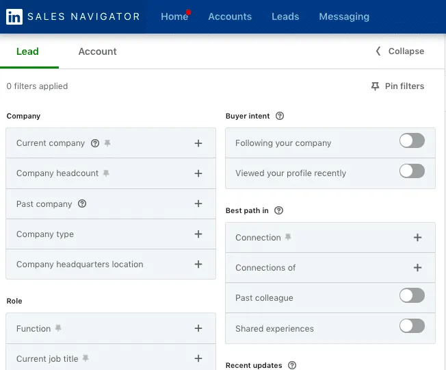 Exemple d’interface de recherche dans LinkedIn Sales Navigator