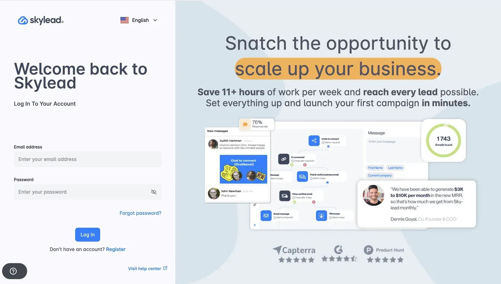 Skylead login page, June 2026