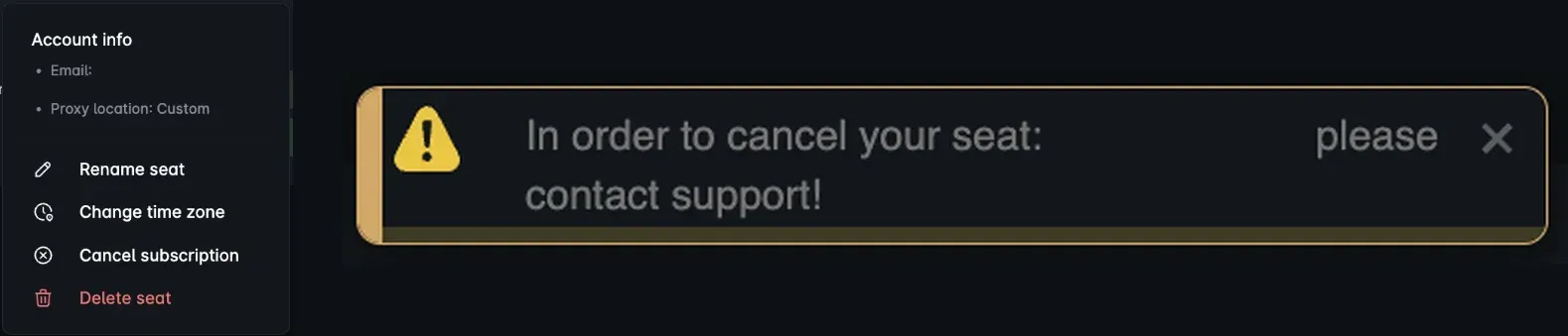 Skylead-Menü für Benutzerplätze mit dem Eintrag „Cancel subscription“ und einer Nachricht, die zur Kontaktaufnahme mit dem Support auffordert, um den Benutzerplatz zu kündigen
