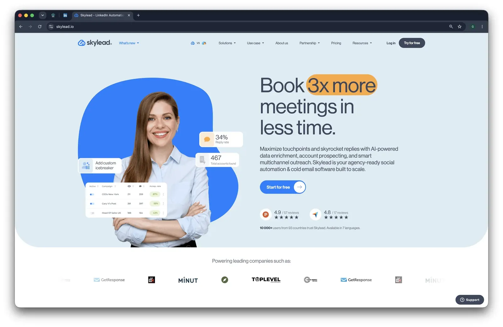 Skylead marketing homepage at skylead.io with a Book 3x more meetings headline and G2/Capterra rating badges