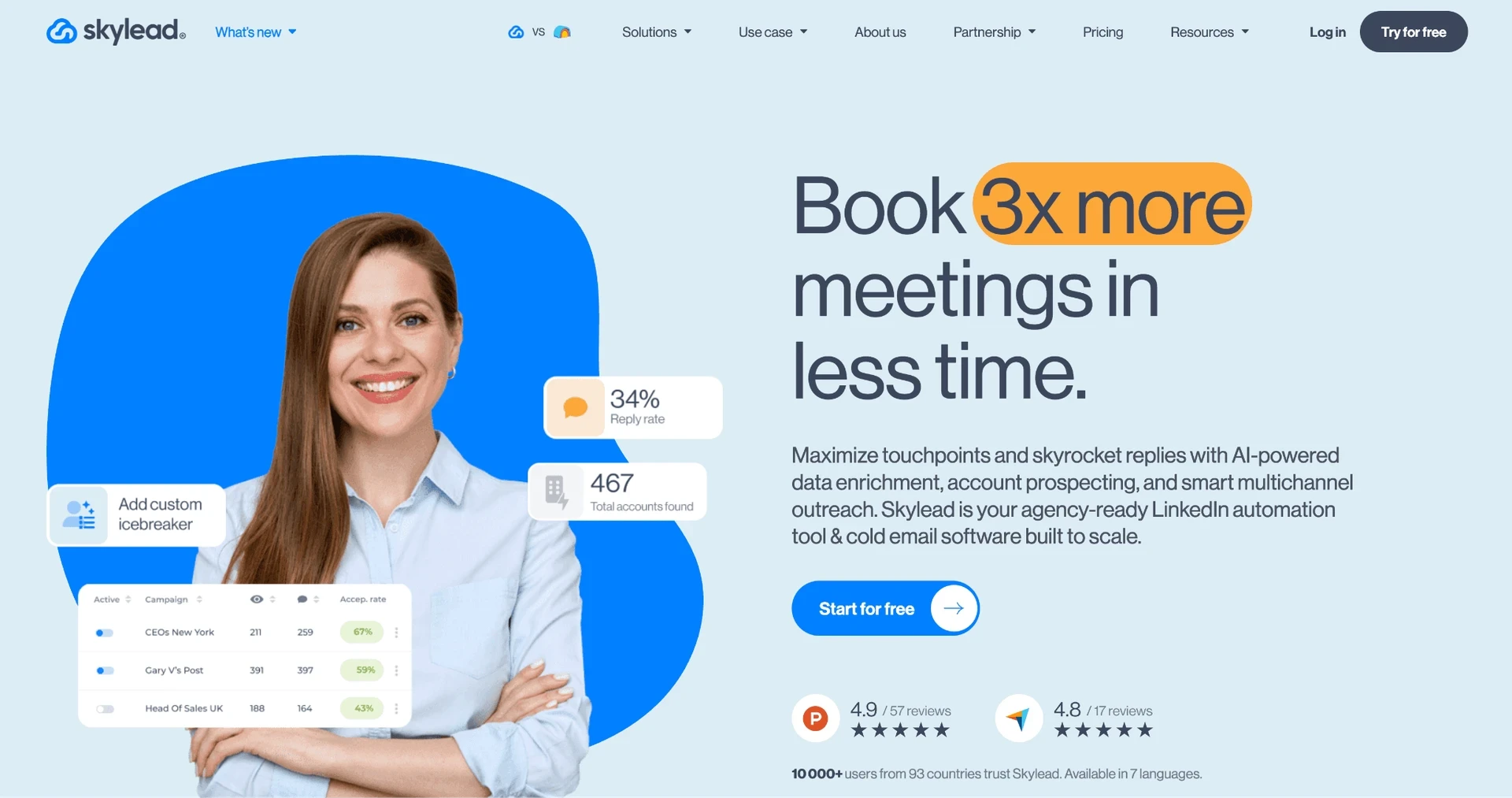 Skylead homepage — "Book 3x more meetings in less time" — describing an agency-ready LinkedIn automation and cold email tool, with reply-rate and campaign stats