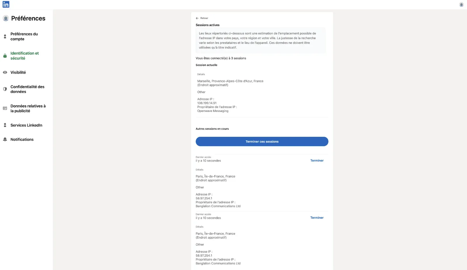 Skylead cloud test — LinkedIn active-session view showing the assigned session IPs